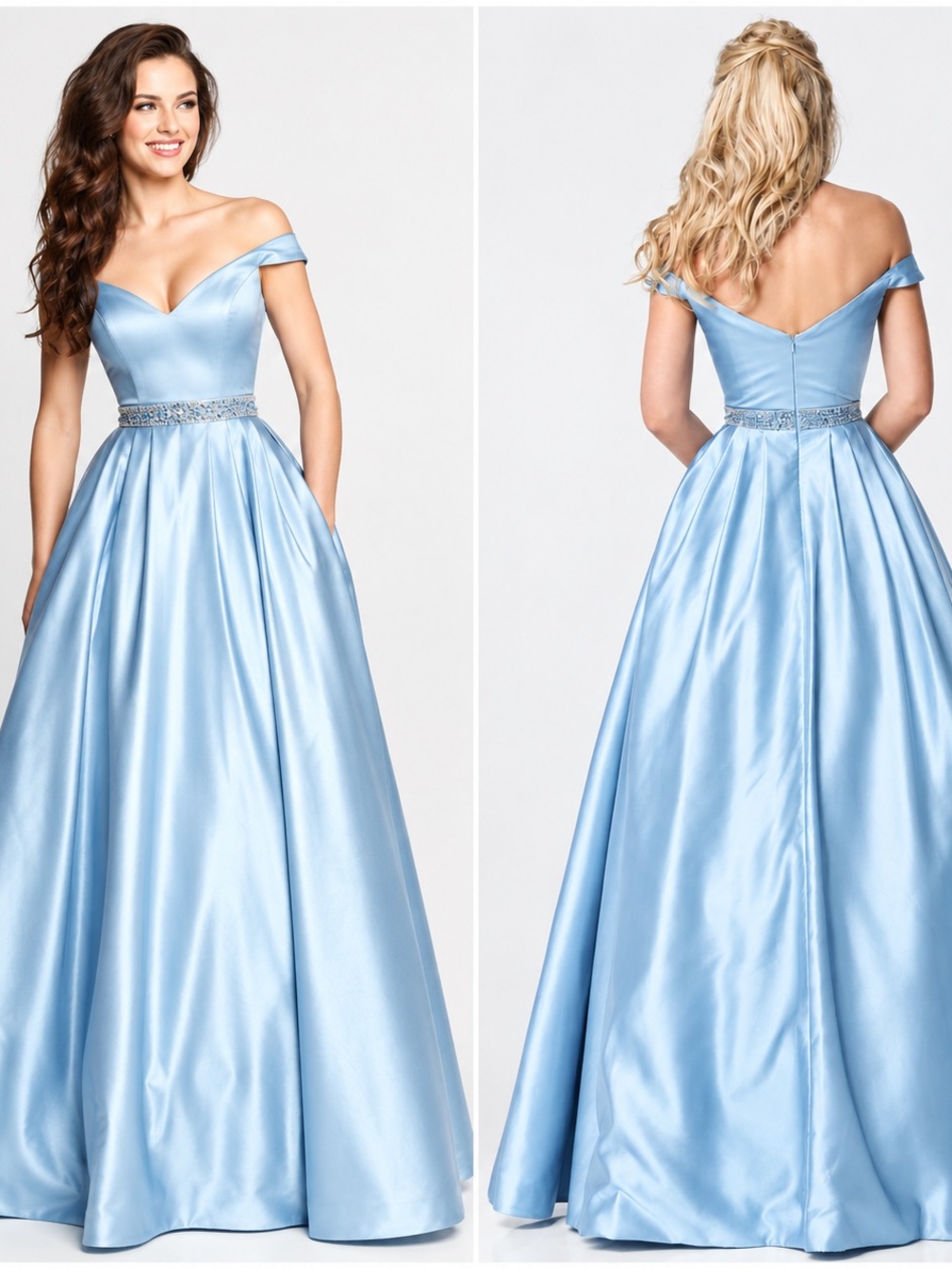 NWT Sherri Hill Cinderella Blue 51124 Ballgown off Shoulder Belted Pockets